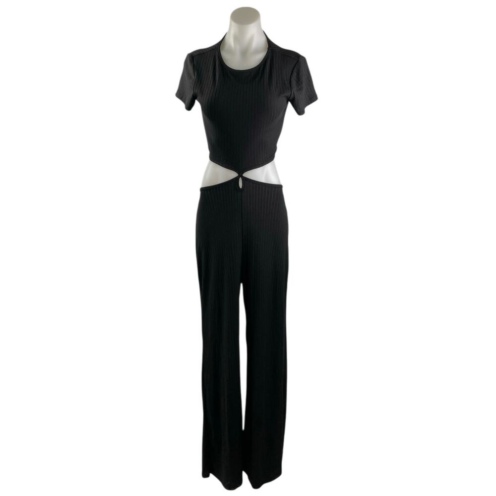 NEW Lulus Women's Black Rib Knit Cutout Open Back Flared Romper Jumpsuit Size M